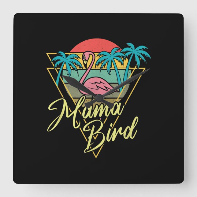 Mama Bird Flamingo Sunset Palm Tree Beach 80s Square Wall Clock (Front)