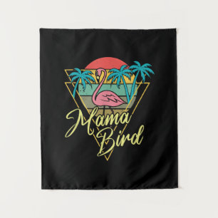 Mama Bird Flamingo Sunset Palm Tree Beach 80s Tapestry