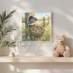 Mama Bluebird and Her Chicks Nursery Poster