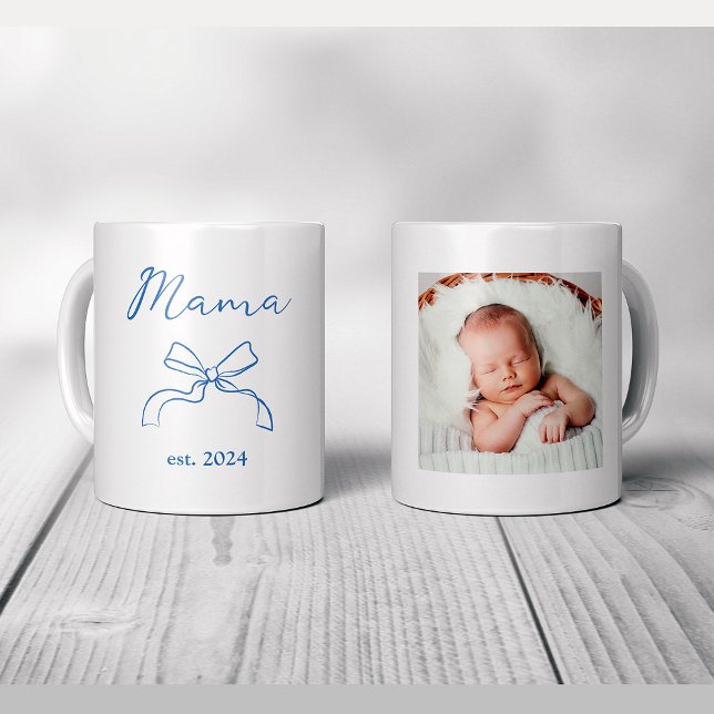 Mama | Coquette Blue Bow and Baby's Photo Coffee Mug (Creator Uploaded)