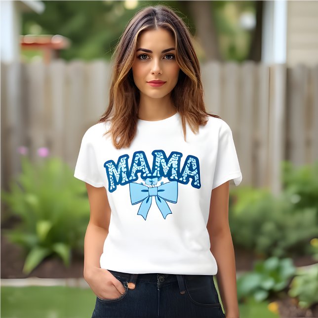 MAMA Coquette Blue Floral T-Shirt (White MAMA Bow T-shirt .)