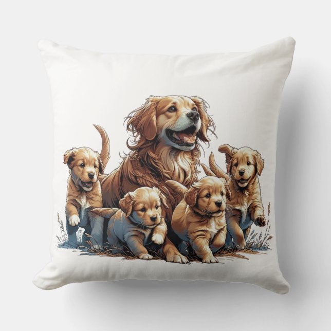 Mama Dog and Her Puppies Throw Pillow (Front)