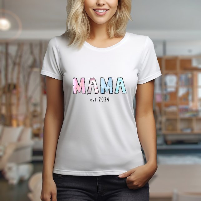 Mama est Womens Basic T-shirt (Mama est 20xx design with editable text and watercolor doodle letters)