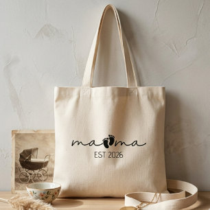 Mama Est Year Clean Minimal Script Footprint Art Tote Bag