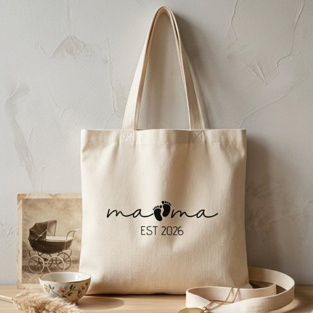 Mama Est Year Clean Minimal Script Footprint Art Tote Bag (Creator Uploaded)
