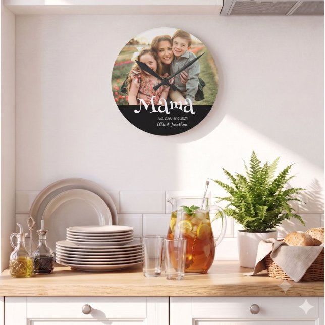 Mama Established Photo Kids Name Fun Text Round Clock (Creator Uploaded)