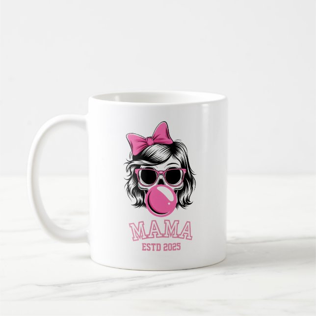 Mama Estd 2025 Skull With Pink Bow Custom Year Coffee Mug (Left)