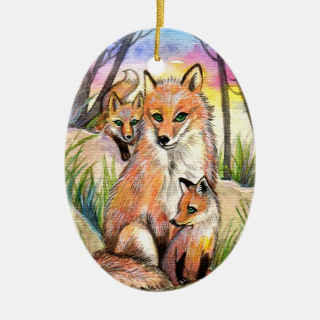 Mama Fox And Baby Foxes At Sunset Woods Ceramic Tree Decoration (Front)