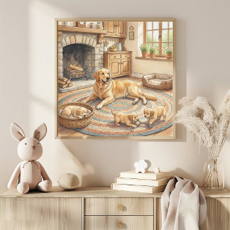 Mama Golden Retriever and Puppies Nursery Poster