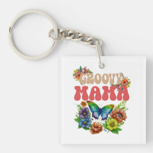 Mama Groovy Floral, Retro Motherhood Colourful Key Ring