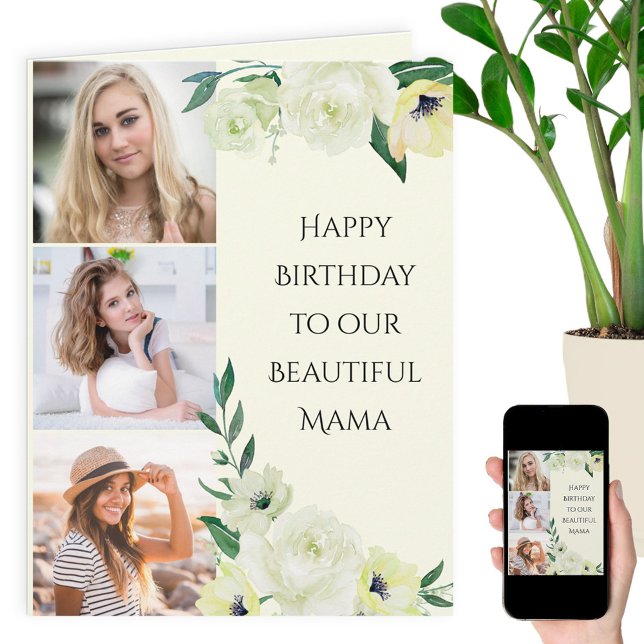 Mama Happy Birthday 3 Photo Watercolor Floral Card (Creator Uploaded)