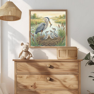 Mama Heron and Chicks Nursery Poster