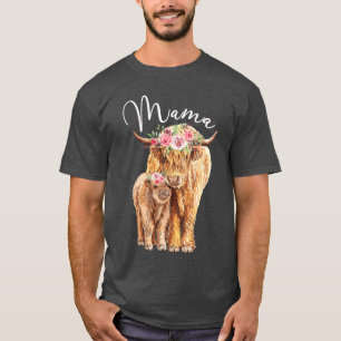 Mama Highland Cow with Baby Calf Floral Mothers Da T-Shirt