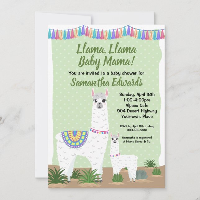 Mama Llama and Baby Green Polka Dot Baby Shower Invitation (Front)