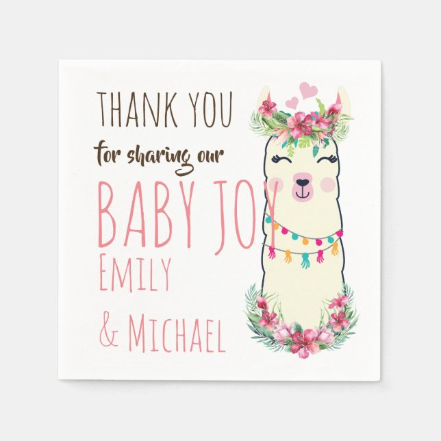 Mama Llama Cute Girls Floral Baby Shower Party Napkin (Front)