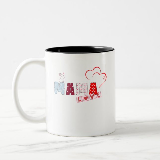 Mama Love Bunny Mug – Cute Patchwork Heart Design (Left)
