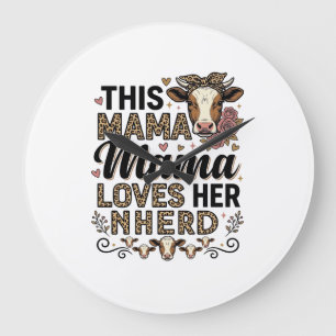 Mama Loves Her Herd Vintage Cow Mum Shirt Design_1 Large Clock