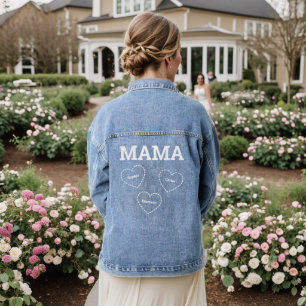 Mama of 3 Hearts Minimal Modern Mum Kids Names Denim Jacket