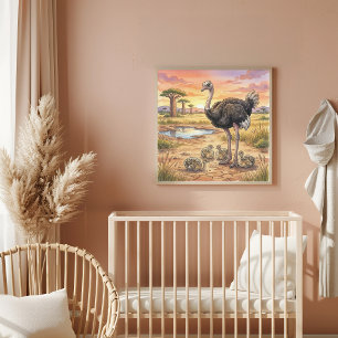 Mama Ostrich and Chicks Nursery Poster