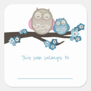 Mama Owl & Baby {Blue} Bookplates Square Sticker