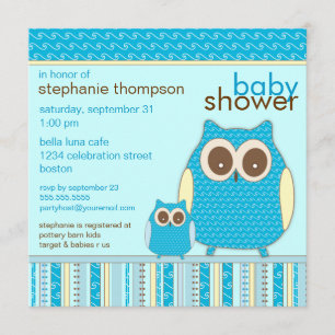 Mama Owl & Baby Owl Blue Baby Shower Invitation