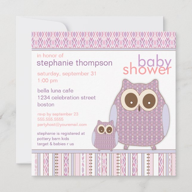Mama Owl & Baby Owl Purple Baby Shower Invitation (Front)