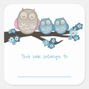 Mama Owl & Twins {Blue}   Bookplates Square Sticker