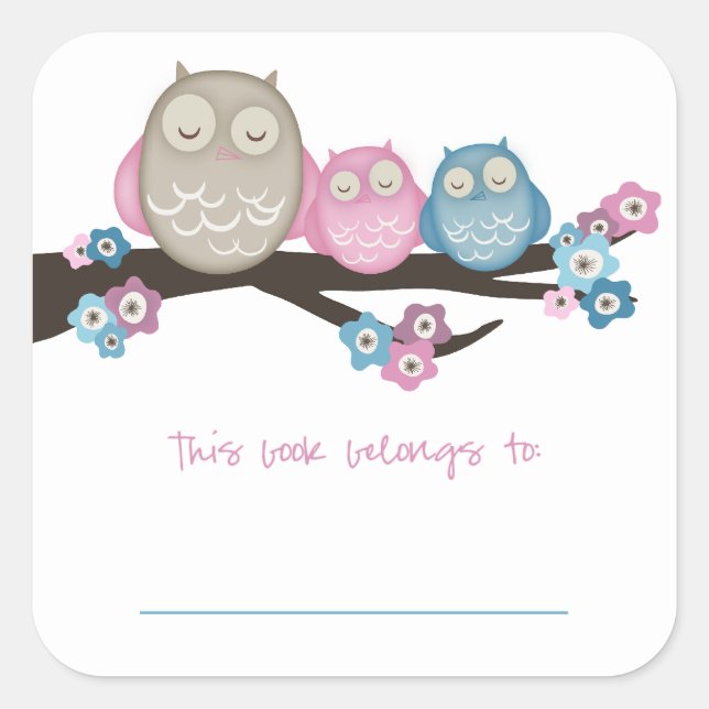Mama Owl & Twins {Pink & Blue} | Bookplates Square Sticker (Front)