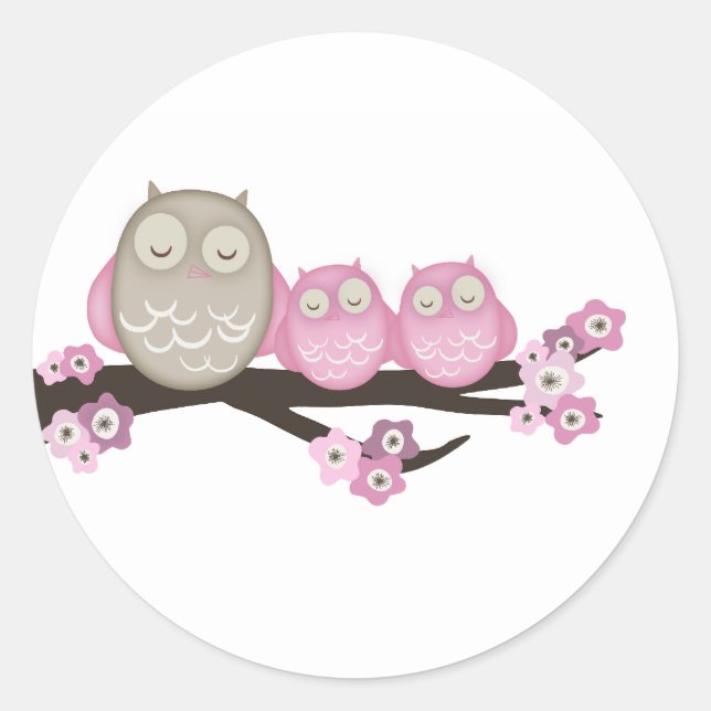 Mama Owl & Twins {Pink} | Stickers (Front)
