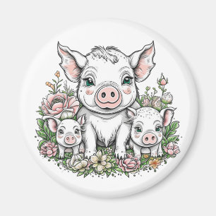 Mama Pigs and Baby Piglets in Flowers Magnet