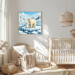 Mama Polar Bear and Cub Nursery Poster