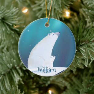 Mama Polar Bear and Her Cub Monogram Winter Ceramic Ornament