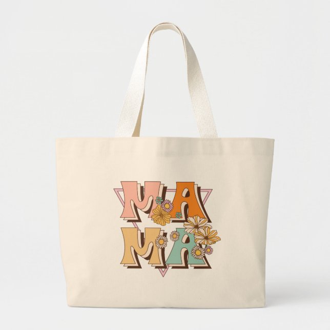 Mama Retro Floral Typography Large Tote Bag (Front)