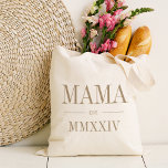 Mama Roman Numeral Year Established Tote Bag<br><div class="desc">A modern minimalist tote bag to celebrate a chic new mum,  this clean minimal tote features "Mama" or your choice of mummy nickname in neutral tan serif lettering. Customise with the year she became a mum beneath in elegant roman numerals for a chic touch.</div>