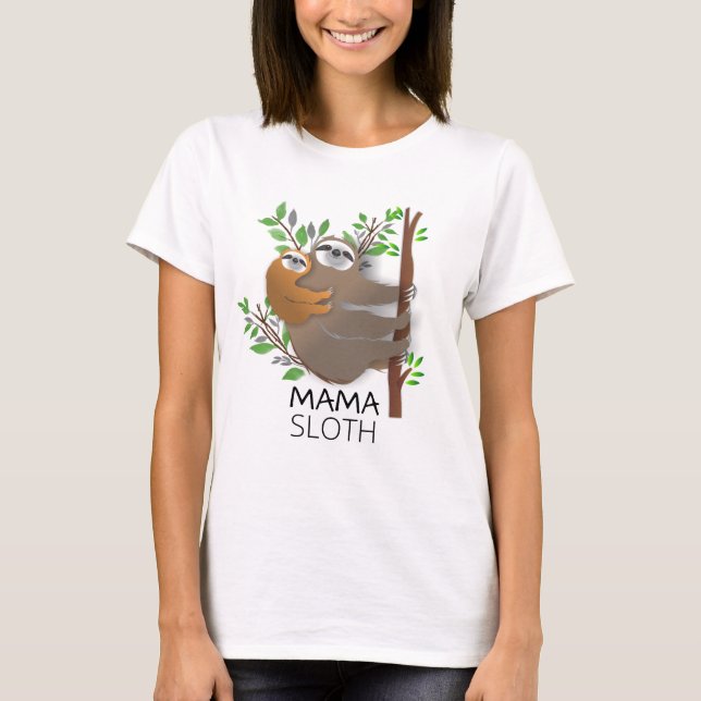 Mama Sloth Climbing Tree with Baby Sloth on Back T-Shirt (Front)