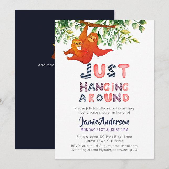 Mama SLOTH Just Hanging Around Blue Baby Boy Invitation (Front/Back)