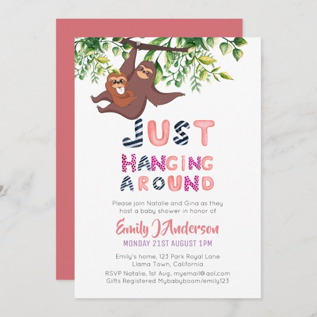Mama SLOTH Just Hanging Around Pink Baby Girl Invitation (Front/Back)