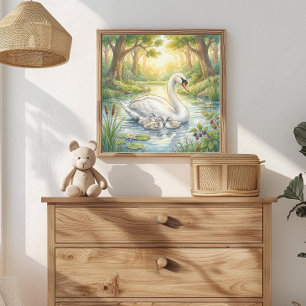 Mama Swan and Cygnets Nursery Poster