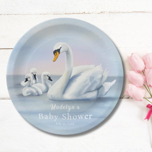Mama Swan With Babies Baby Shower Paper Plate