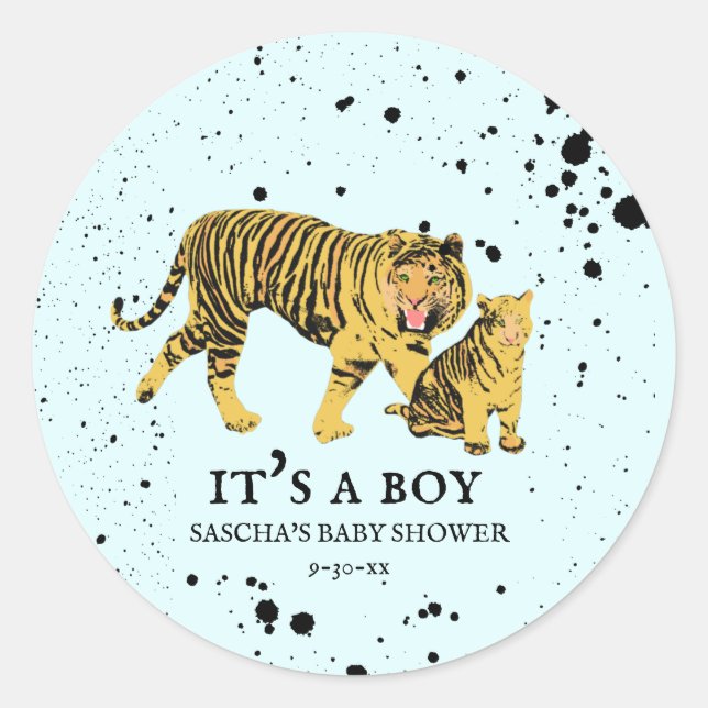 Mama Tiger Paint Splatter Blue Boy Baby Shower Classic Round Sticker (Front)
