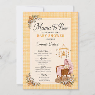 Mama to Bee Baby Shower w/ Blue Plaid Bassinet Invitation