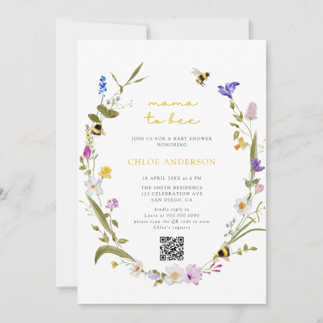 Mama to Bee Colourful Floral Wreath Baby Shower Invitation (Front)