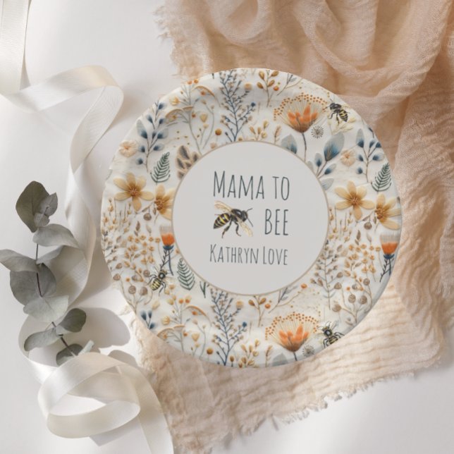 Mama to bee dusty blue floral baby shower paper plate (Creator Uploaded)