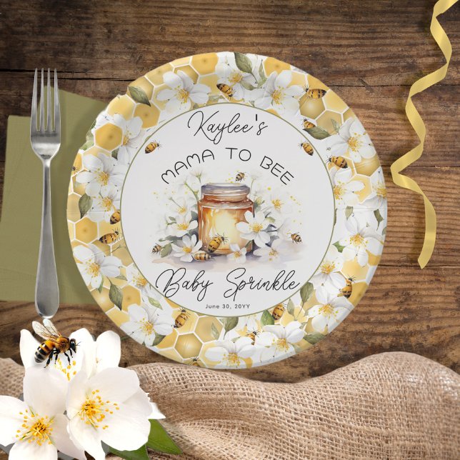 Mama to Bee Flowers and Bees Honey Baby Sprinkle Paper Plate (Creator Uploaded)