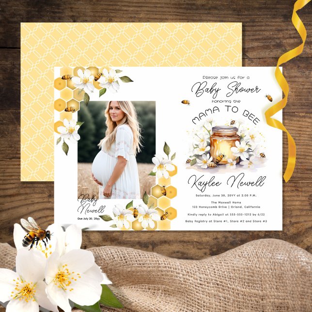 Mama to Bee Flowers Bees Honey Photo Baby Shower  Invitation (Creator Uploaded)