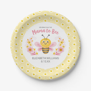 Mama to Bee Yellow Pink Girl Baby Shower Paper Plate
