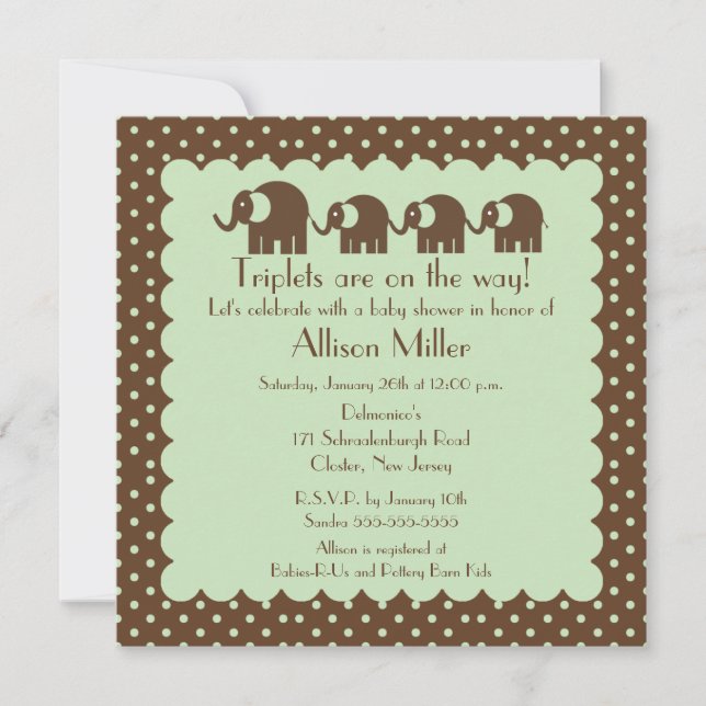 Mama & Triplets Elephant Baby Shower Invitation (Front)
