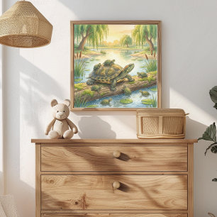 Mama Turtle and Hatchlings In Pond Nursery Poster