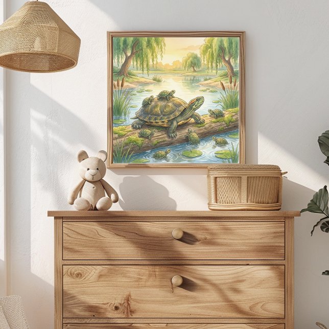Mama Turtle and Hatchlings In Pond Nursery Poster (Creator Uploaded)