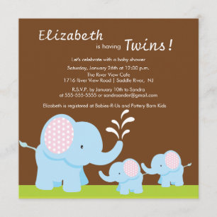 Mama & Twin Elephants Baby Shower Boy or Girl Invitation